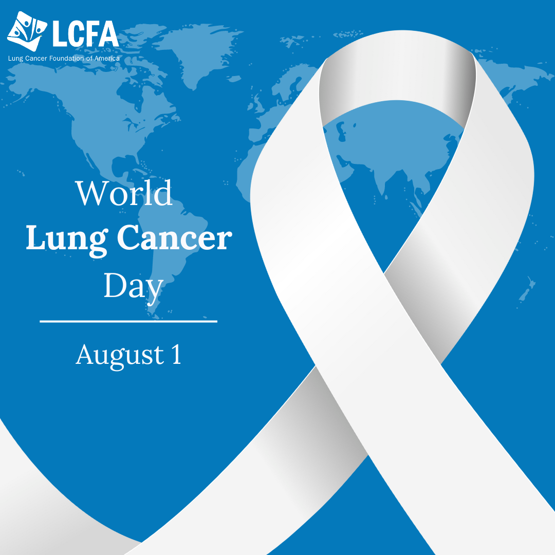 Big white ribbon with the title World Lung Cancer Day overlaying a world map.