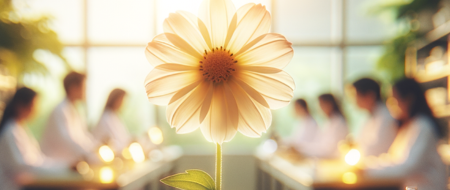 In the foreground is a yellow flower expressing hope with scientist in soft focus in the background.