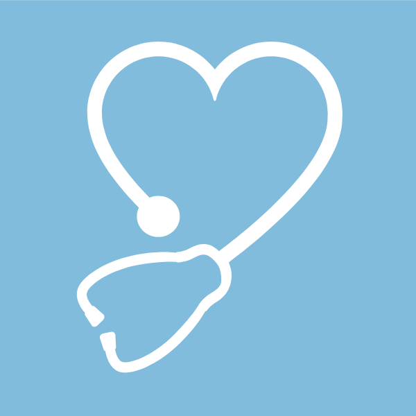 White stethoscope graphic in a light blue square