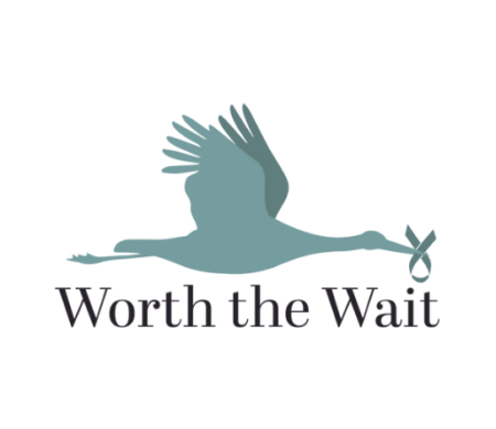 Worth The Wait logo of a stork with an awareness ribbon in it's beak.