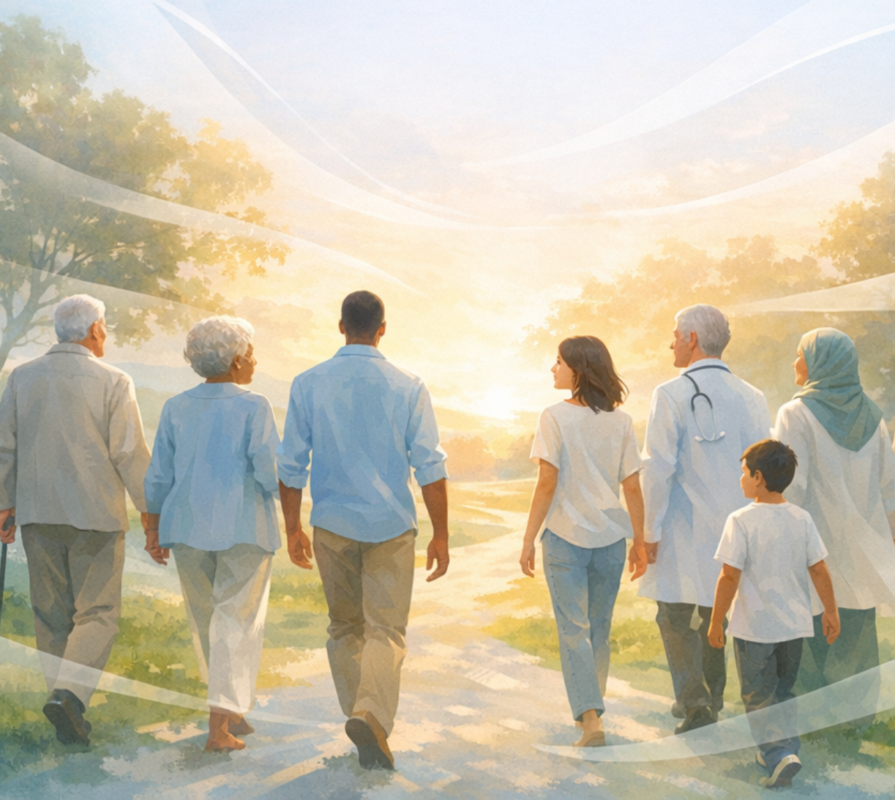 a diverse group walking together through a radiant park toward a softly glowing horizon