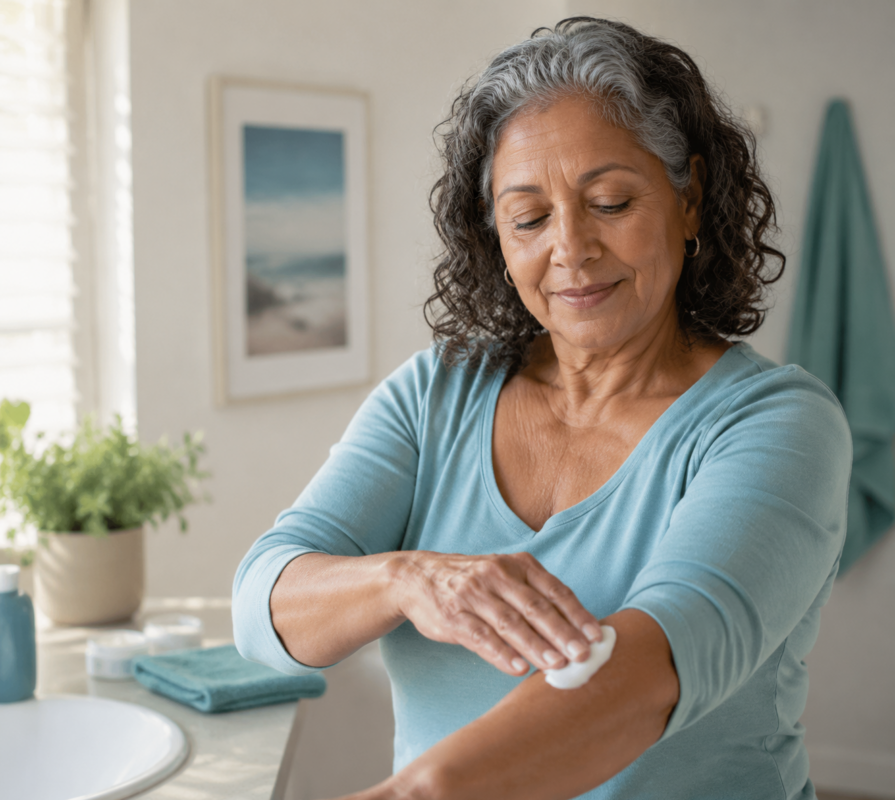 Patient applying moisturizer as part of a routine to manage EGFR skin side effects.