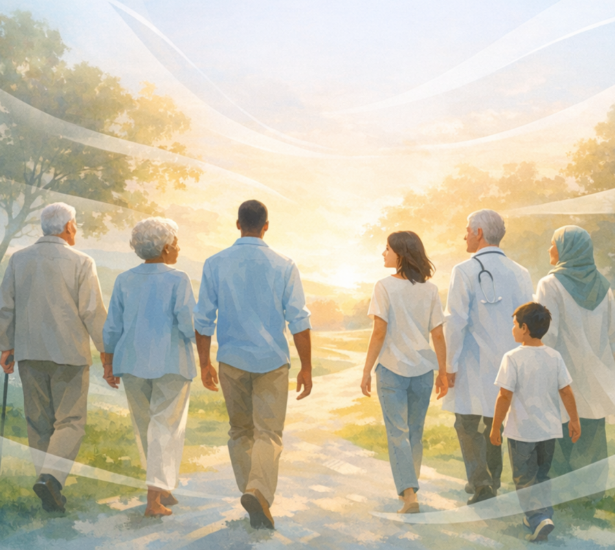 a diverse group walking together through a radiant park toward a softly glowing horizon