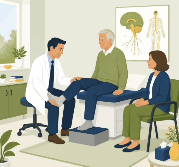 Neurologist with patient and caregiver