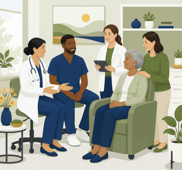 Illustration of oncology team with patient